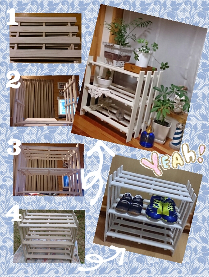 ペイントしたスノコ5枚を使って棚を2つ作る。