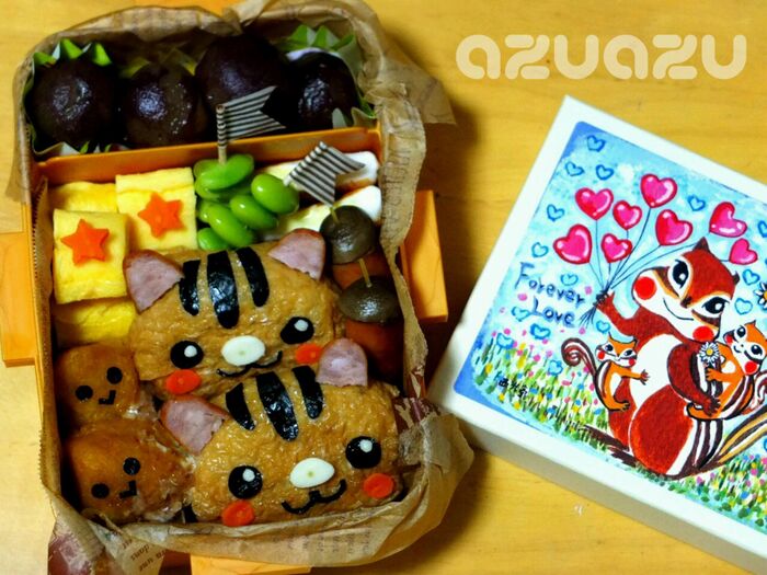 秋のキャラ弁☆いなりでリスちゃん、ソーセージどんぐり、かぼちゃマッシュで栗っくり!