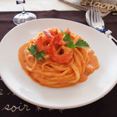 クリスマスやパーティにおすすめ!「えびトマトクリームうどん(パスタ風)」