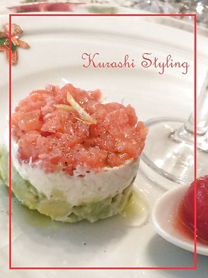 カニとサーモンのタルティーニ