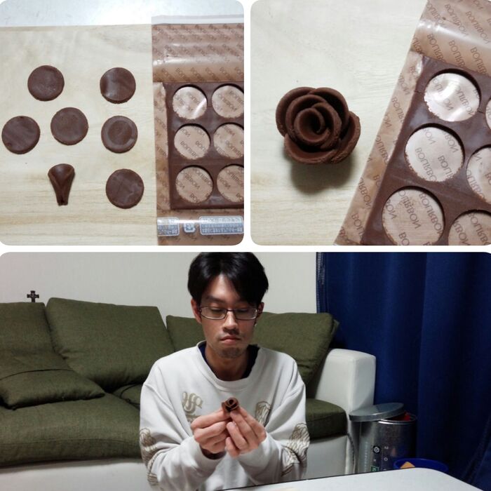 スライス生チョコレートで薔薇を作る。