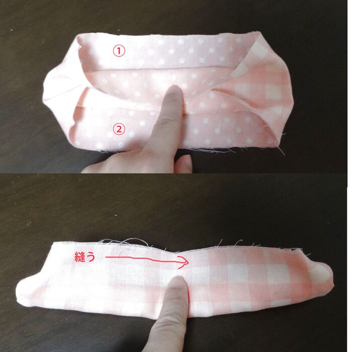 上部の布を3つ折りにして、①②を合わせる