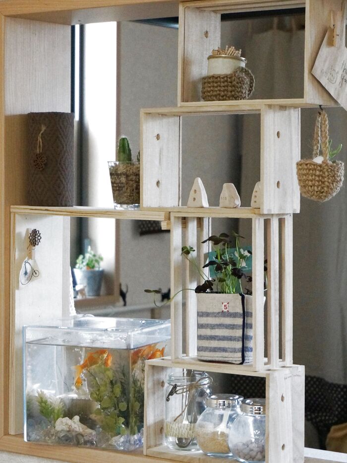 100均木箱4つで対面カウンターにcafe風オシャレ棚☆簡単DIY