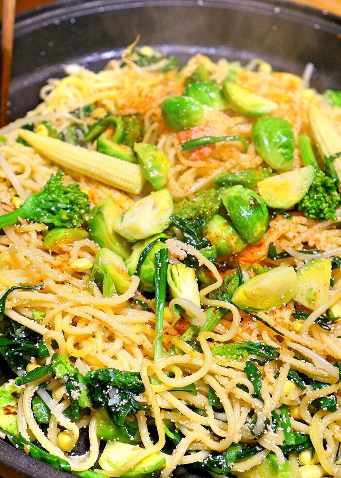 ホットプレートで!春野菜明太子焼きそばのレシピ☆