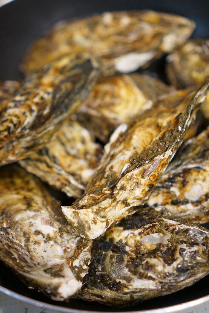 手順1.フライパンに殻付き牡蠣を入れる