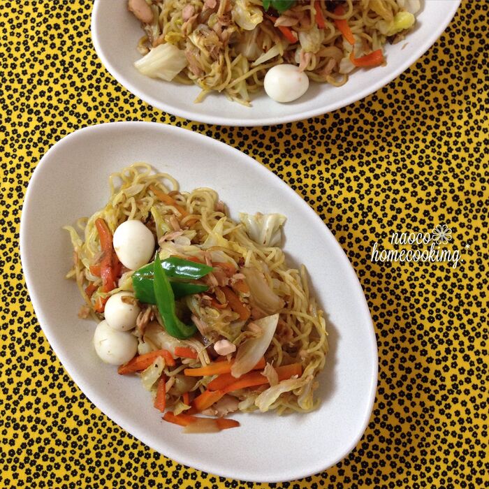 節約レシピコンテストプレゼント*パラパッパで♪簡単!ツナとうずら卵のグリーンカレー焼きそば