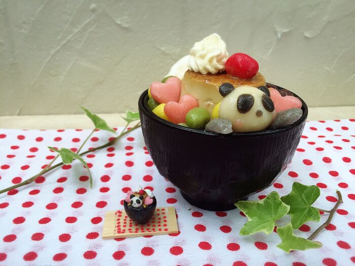 パンダ白玉とほうじ茶プリンアラモード