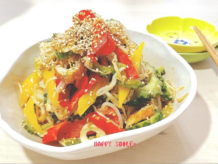 苦さやわらぐ☆ゴーヤともやしのパクパクいけちゃう!味噌炒めサラダ♡