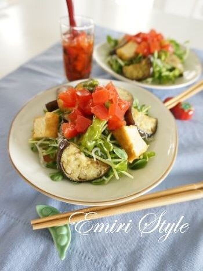 夏野菜じゃこ豆腐no豆苗おかずサラダ☆ちょい足し♡夏仕様の爽やかドレッシング♬