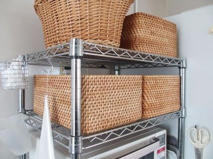 キッチンで大活躍の無印良品ラタン長方形バスケット