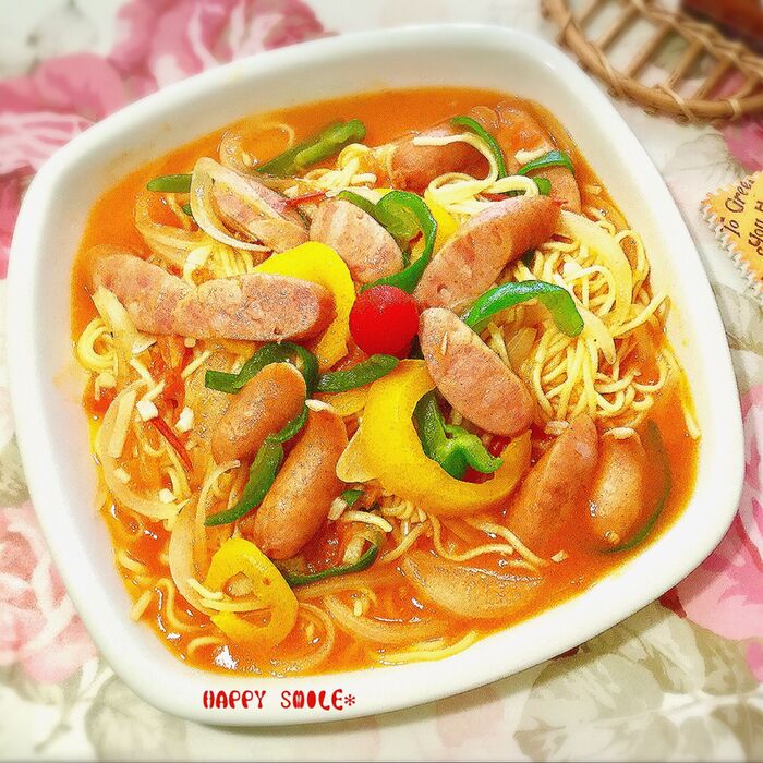 日清ラ王☆塩味でフライパン1つのナポリタン♡