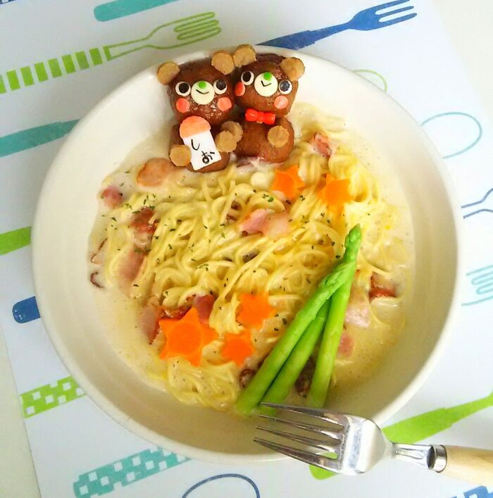 ラ王袋麺で♡クマちゃんの塩ラーメンカルボナーラ