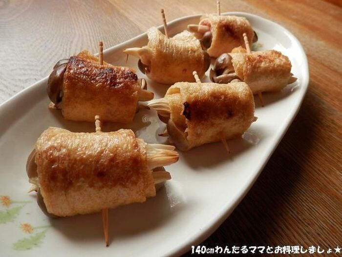 簡単★油揚げのしめじベーコン巻ソテー