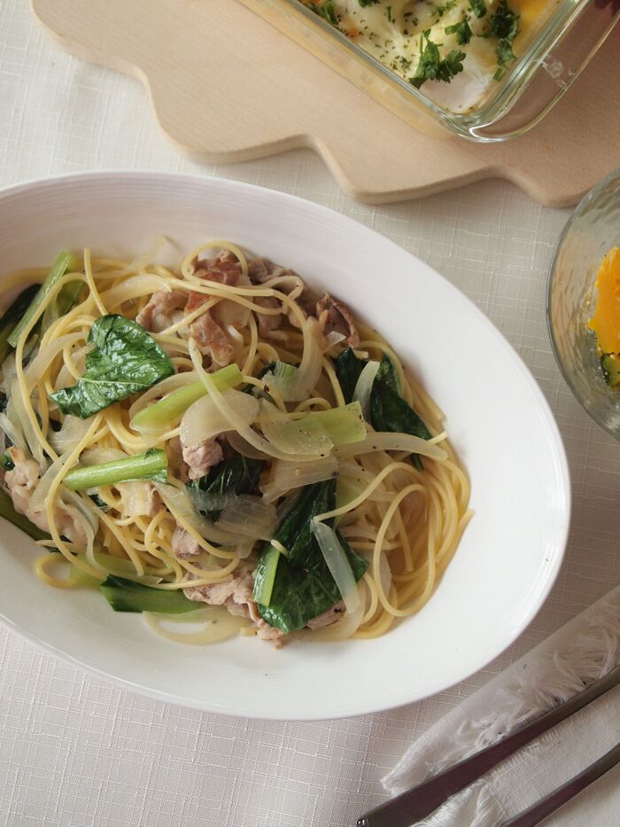 ポイントをつかめば簡単にお店の味に!豚肉と小松菜のスープパスタ