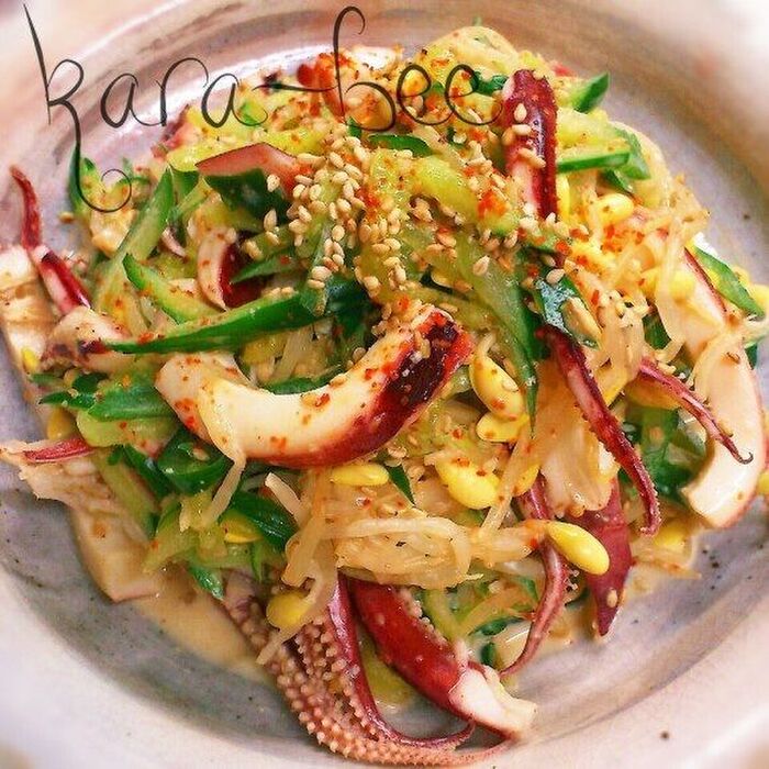 簡単10分♡いかと豆モヤシのピリ辛マヨポンサラダ