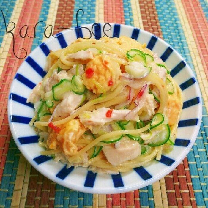 旨いっ!ささみとキャベツと卵のスイチリマヨスパサラ