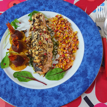 ノルウェーサーモンのロティ、ラヴィコットソース添え&ぶどうの様なトマトの共演