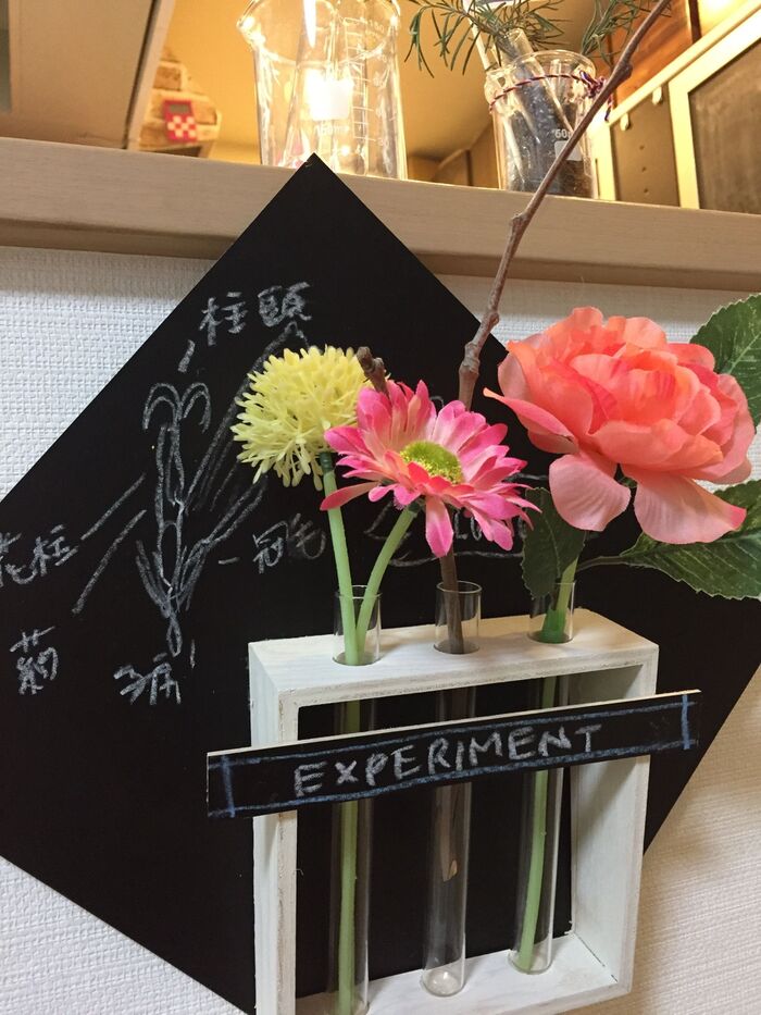 理科室をイメージして。ダイソー試験管の一輪挿し