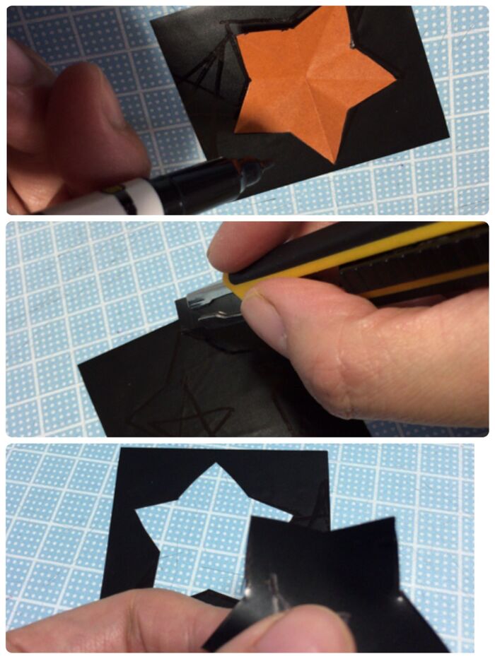 ①ビニールテープを切り抜きます