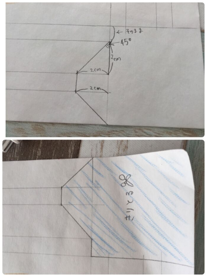 ②角を切ります