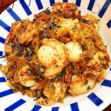 悶絶お酒の供♡絶品!ベビーホタテの高菜炒め