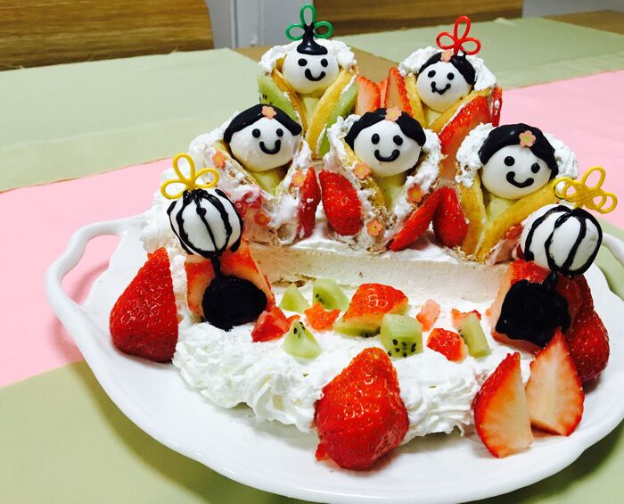 クリームやフルーツでデコり、チョコペンで顔を描いて仕上げる。