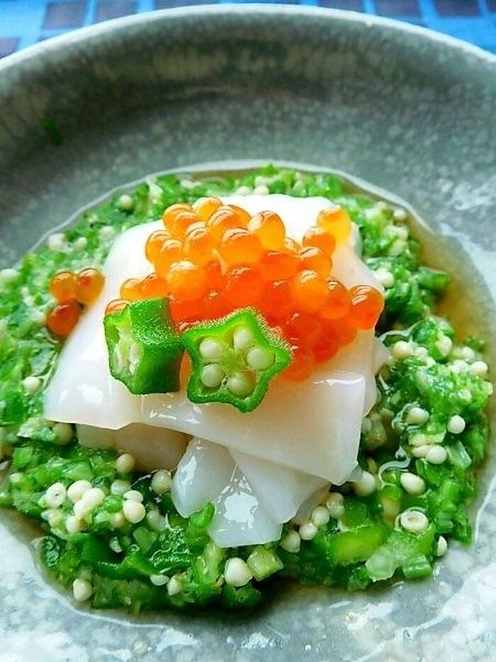 見た目も美しい♪たたきオクラとイカの土佐酢和え