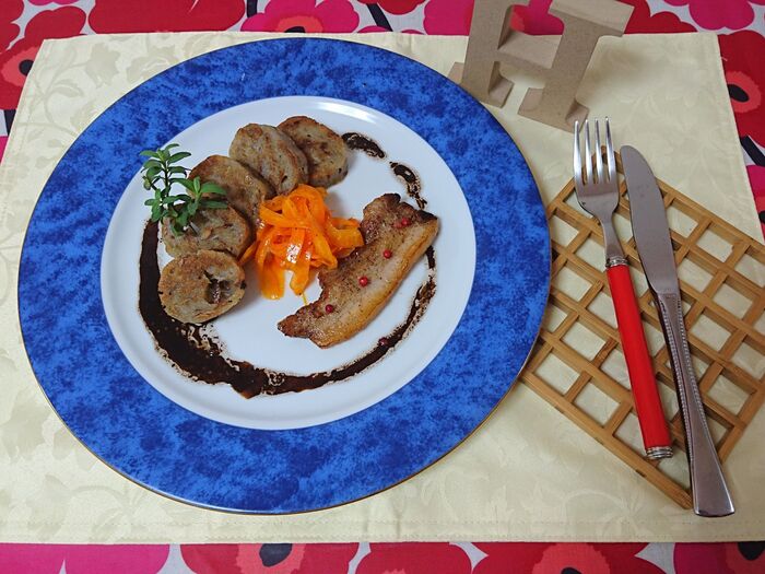 アーモンドかほる、里芋のもちバロンティーヌ、三枚肉のロースト添え(もちシリーズその6)