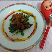 五香粉かほる、軟骨から揚げ・・・カラフルなスイスチャードを添えて