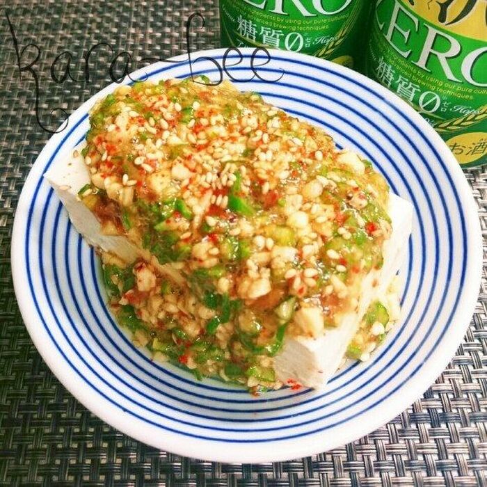 ピリ辛ネバ旨っ♡長いもとオクラのおかか和えぶっかけ冷奴