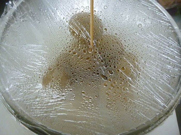 竹串に刺して火が通っているか否かを確かめる。