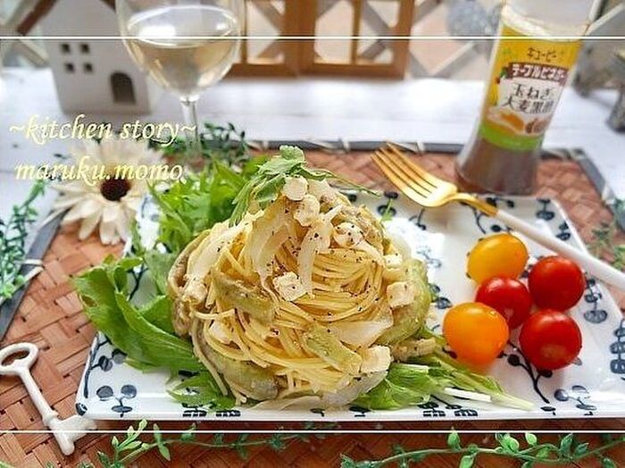 和えるソースで♪焼きナスとチーズの『冷製パスタ』