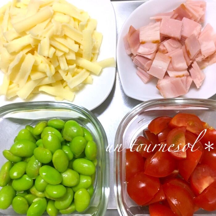 ②ハムとプチトマトは枝豆に合わせて!
