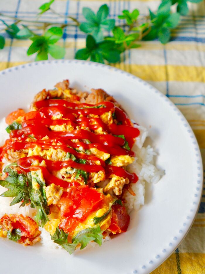 混ぜたらまるでオムライス! 超スピード「豚トマトオムレツ丼」