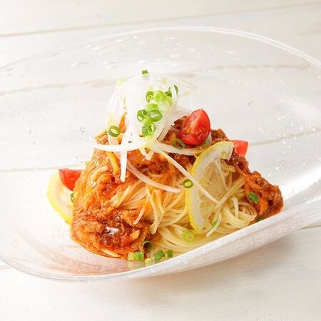 燻製薫るサバフィレトマトソースの冷製パスタ