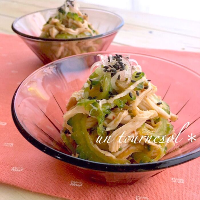 消化促進効果‼香味野菜のみょうがいり☆ささみのゴーヤナムル