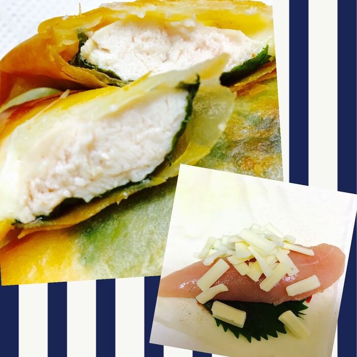 ドン!っと丸ごと一本巻くだけ!ささみの紫蘇梅肉チーズ春巻き