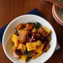 ホクホク感がやみつき!お豆入りかぼちゃとサツマイモの甘酢炒め