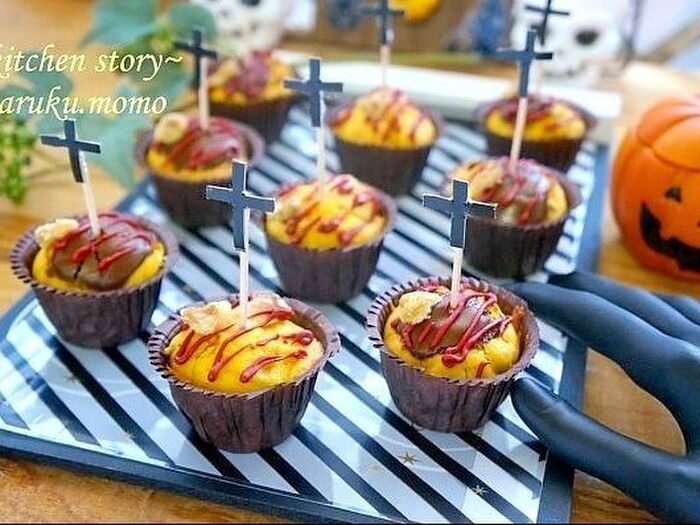 簡単!シュールなハロウィン★HMでカボチャと栗の焼きチョコカップケーキ