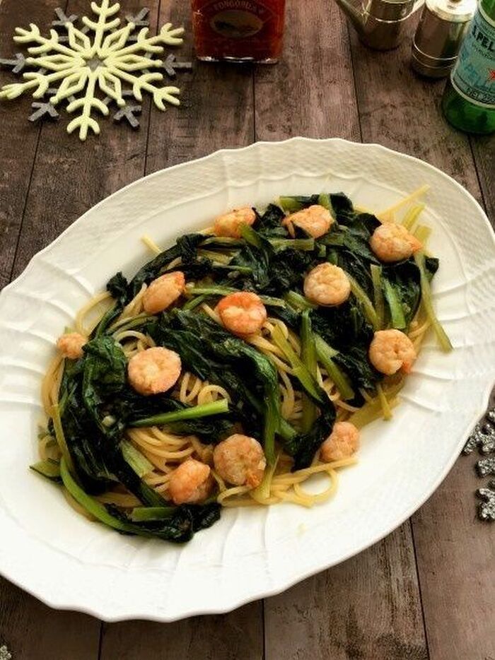 たっ~ぷりの小松菜とエビのアーリオ・オーリオ・ペペロンチーノ風スパゲッティ