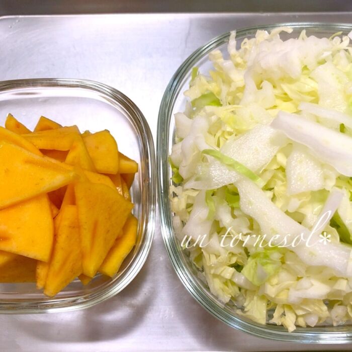 ①白菜は繊維を断ち切るように切って!