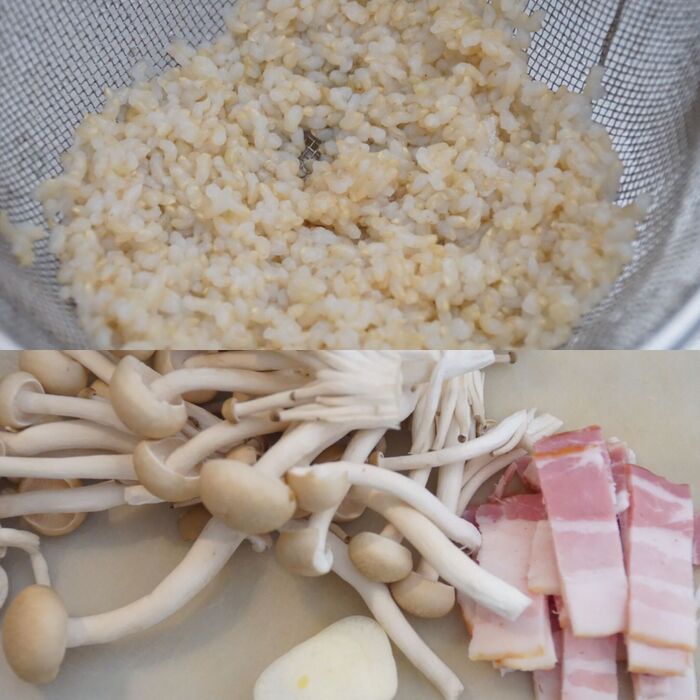 ごはんを洗い材料を切る。
