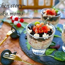 ダイソー100均の冷酒グラスに詰めた♪和風タブレのオードブル(木綿豆腐でカッテージチーズ風)