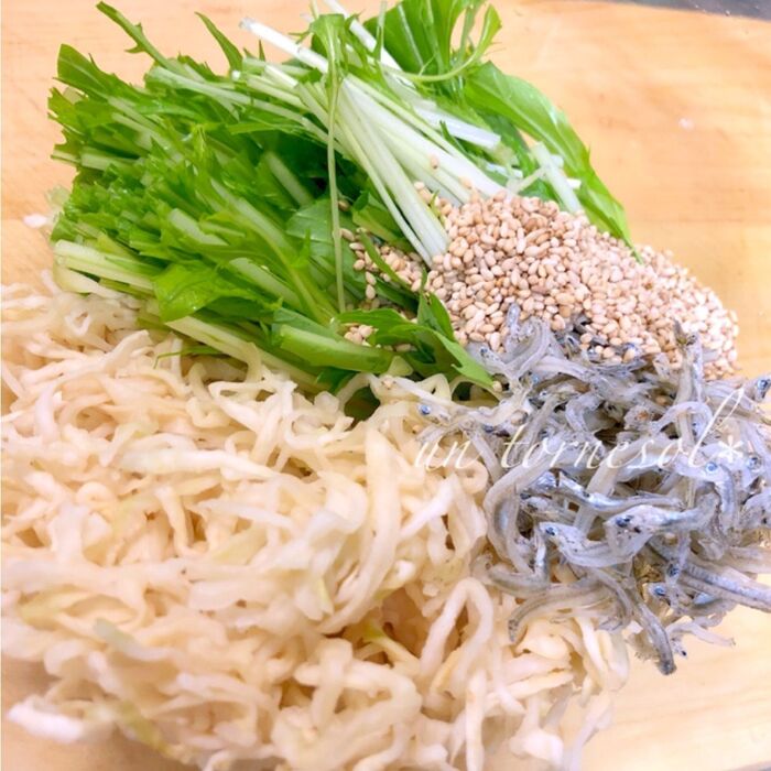 ③切り干し大根と水菜は水気をきって!