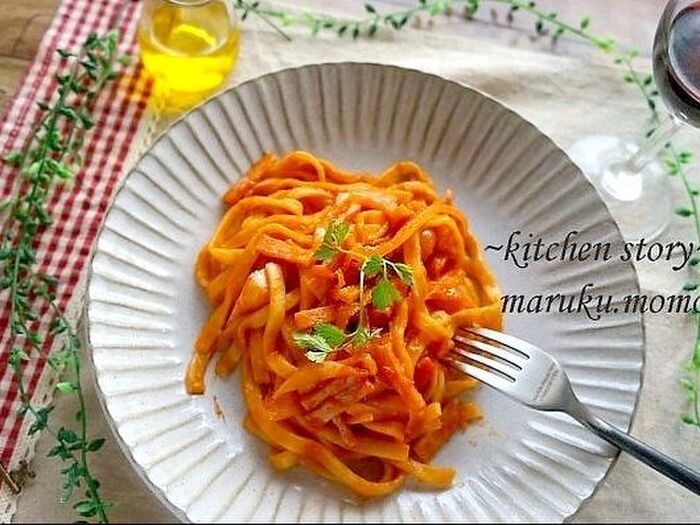 1つ25円!業務スーパーの釜揚げパスタがモチモチ❤簡単クリーミートマトソース