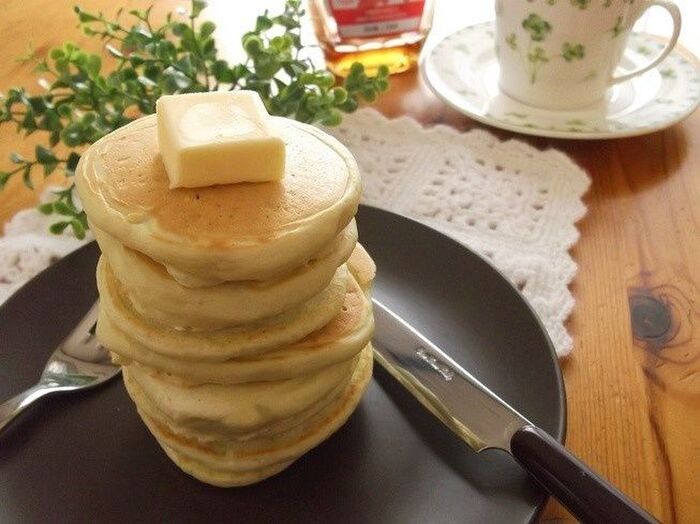 簡単自家製パンケーキミックス!抹茶くず湯粉末でもっちりパンケーキ