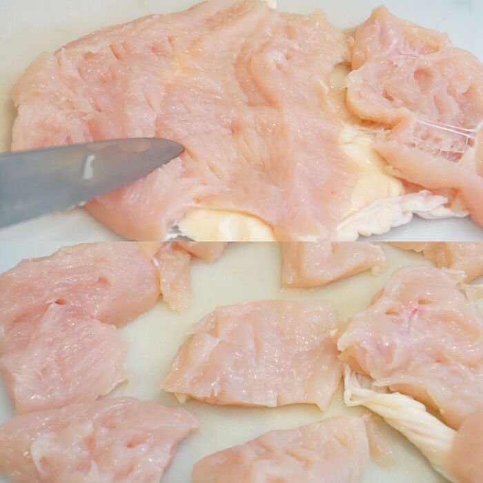 鶏胸肉を切る。