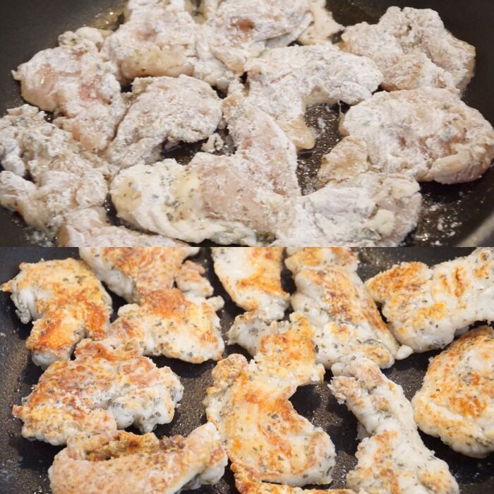 片栗粉をまぶして焼く。