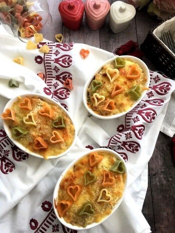 ラブリーなハートパスタで❤酒粕でヘルシーなエビグラタン!