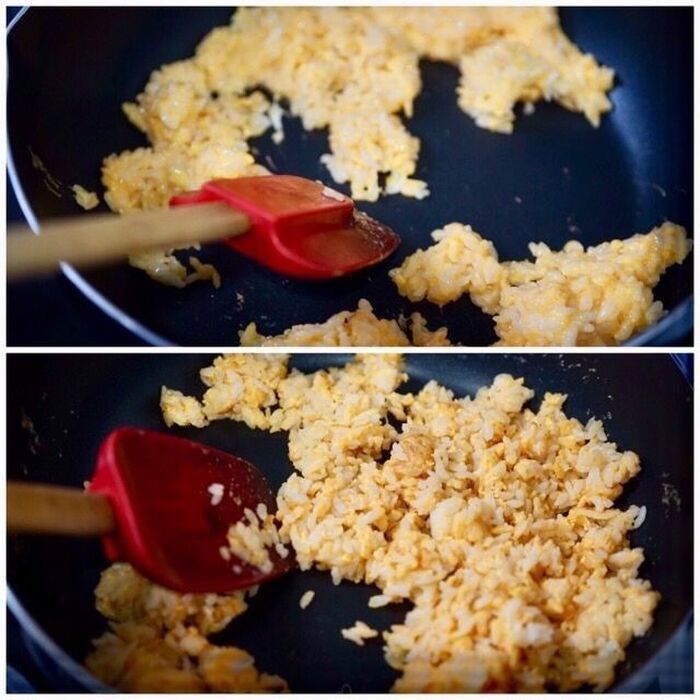 フライパンで、ぱらぱら炒飯を作ります